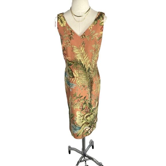 VtgTalbots Dress Hawaiian Tropical Sheath Beaded Monkey V Neck Size 8 - Picture 1 of 16